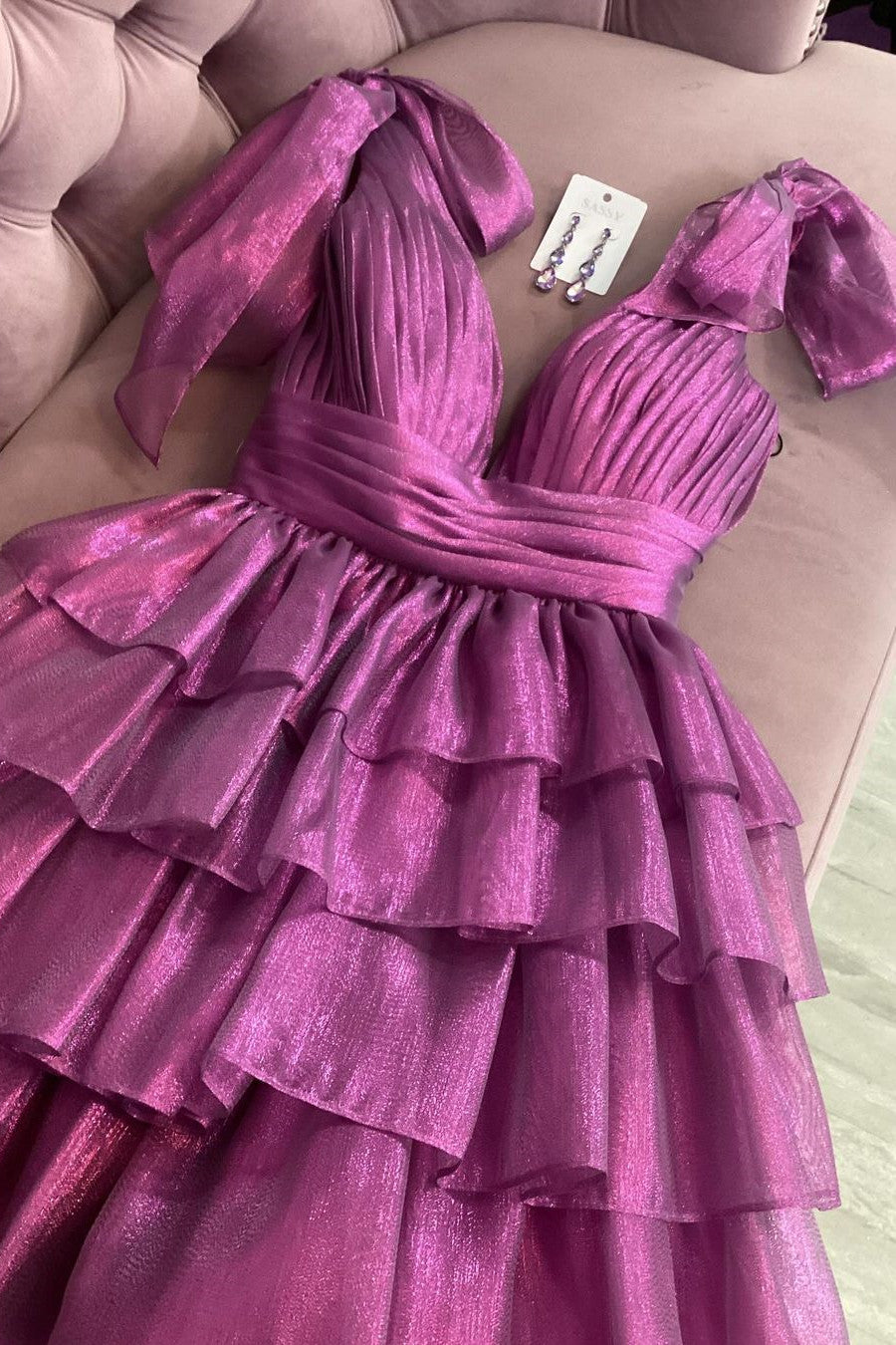 Stunning A-Line Deep V-Neck Short Tiered Satin Homecoming Dress - Fashionpara