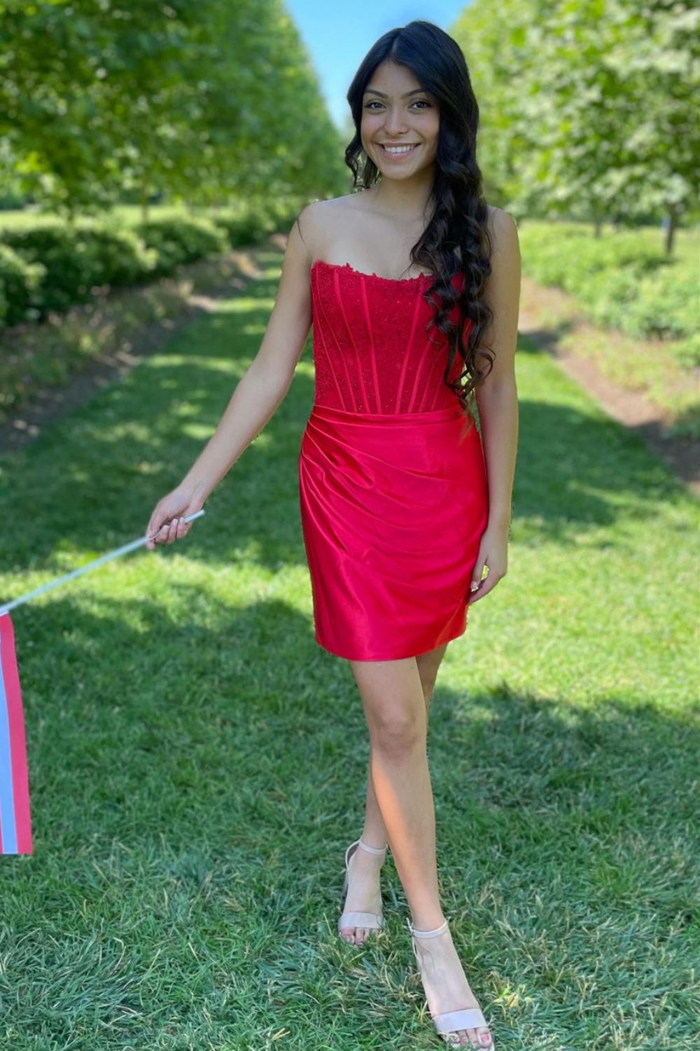 Stunning Bodycon Strapless Lace Top Short Satin Homecoming Dress - Fashionpara