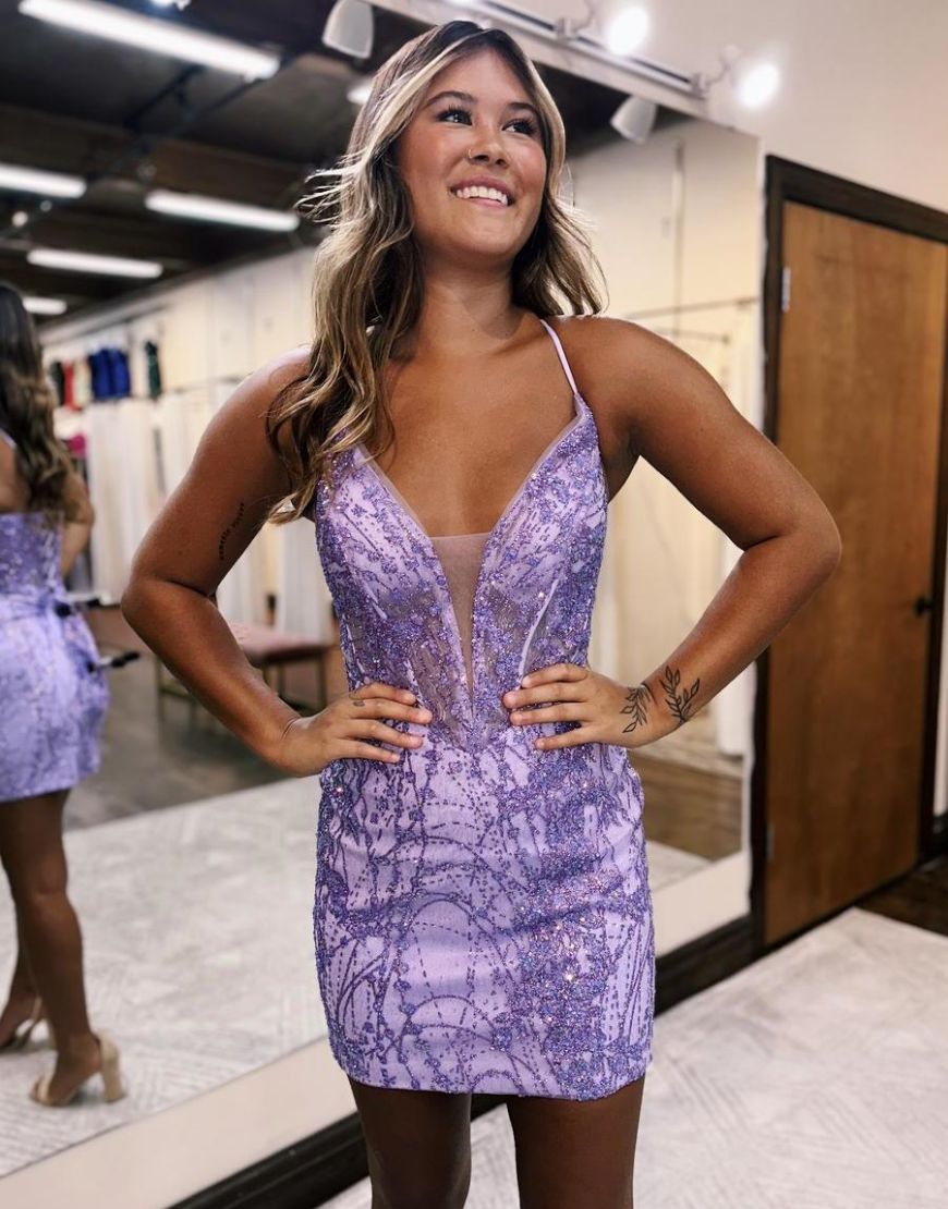 Stunning Spaghetti Straps Lace Up Tight Glitter Homecoming Dress - Fashionpara