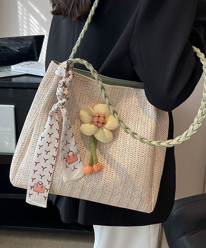 Straw Capacity Shoulder Woven Bag Beige Large Style