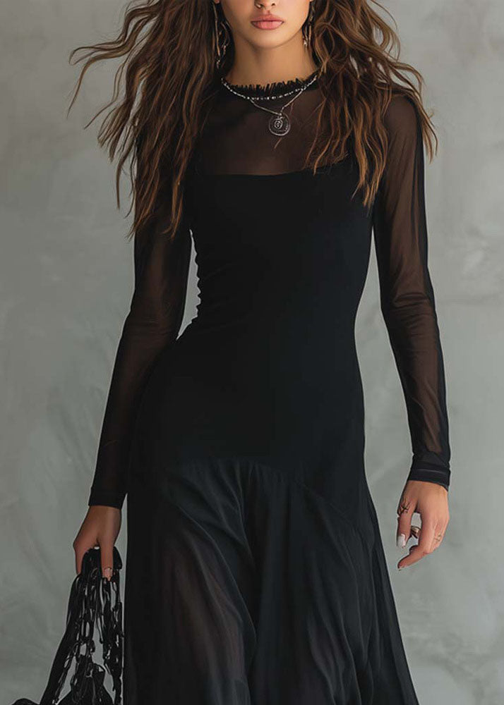 Mesh Crew Neck Long Sleeve Thumbhole Layered Sheer Hem Maxi Dress - View 4