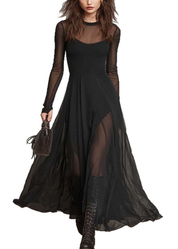 Mesh Crew Neck Long Sleeve Thumbhole Layered Sheer Hem Maxi Dress - View 5