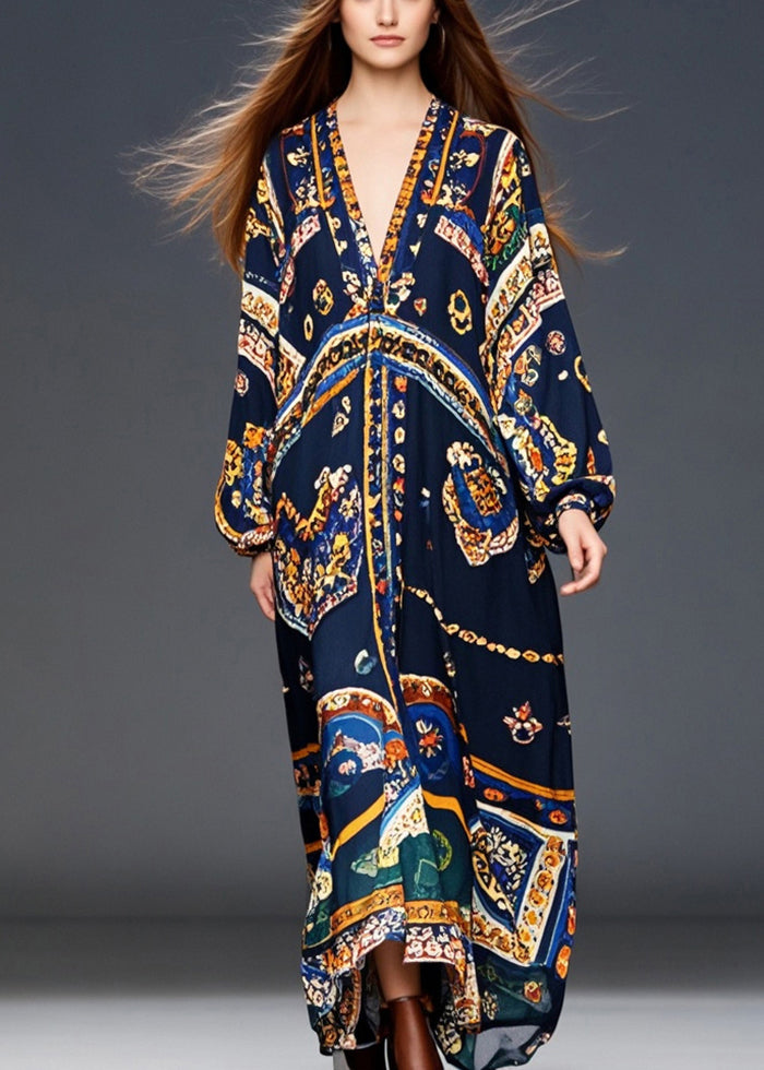 Medallion Print Deep V-Neck Blouson Long Sleeve Chiffon Maxi Dress - View 3