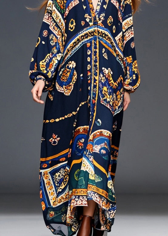 Medallion Print Deep V-Neck Blouson Long Sleeve Chiffon Maxi Dress - View 4