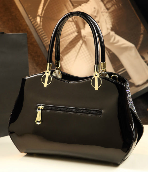 Black Zircon Large Capacity Faux Leather Tote Handbag