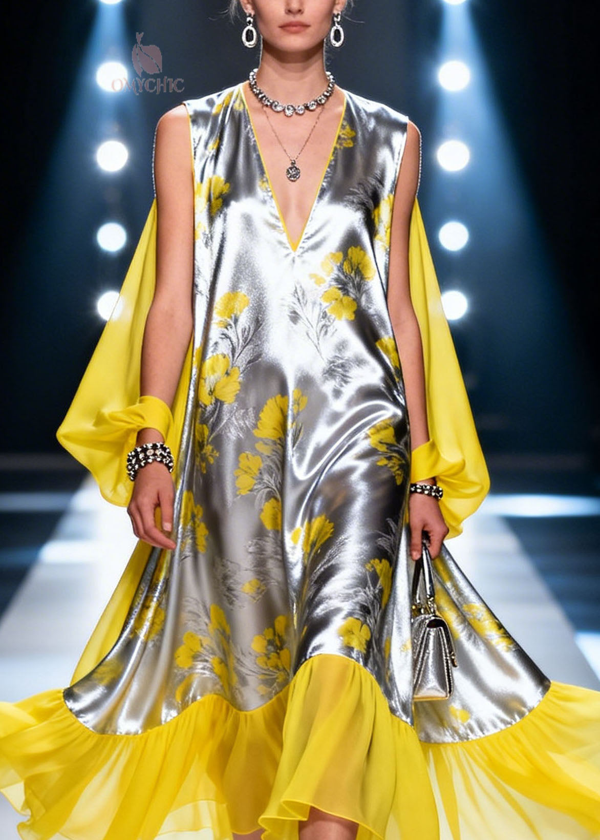 Metallic Floral Print V-Neck Cape Sleeve Sheer Ruffle Hem Midi Dress - View 2