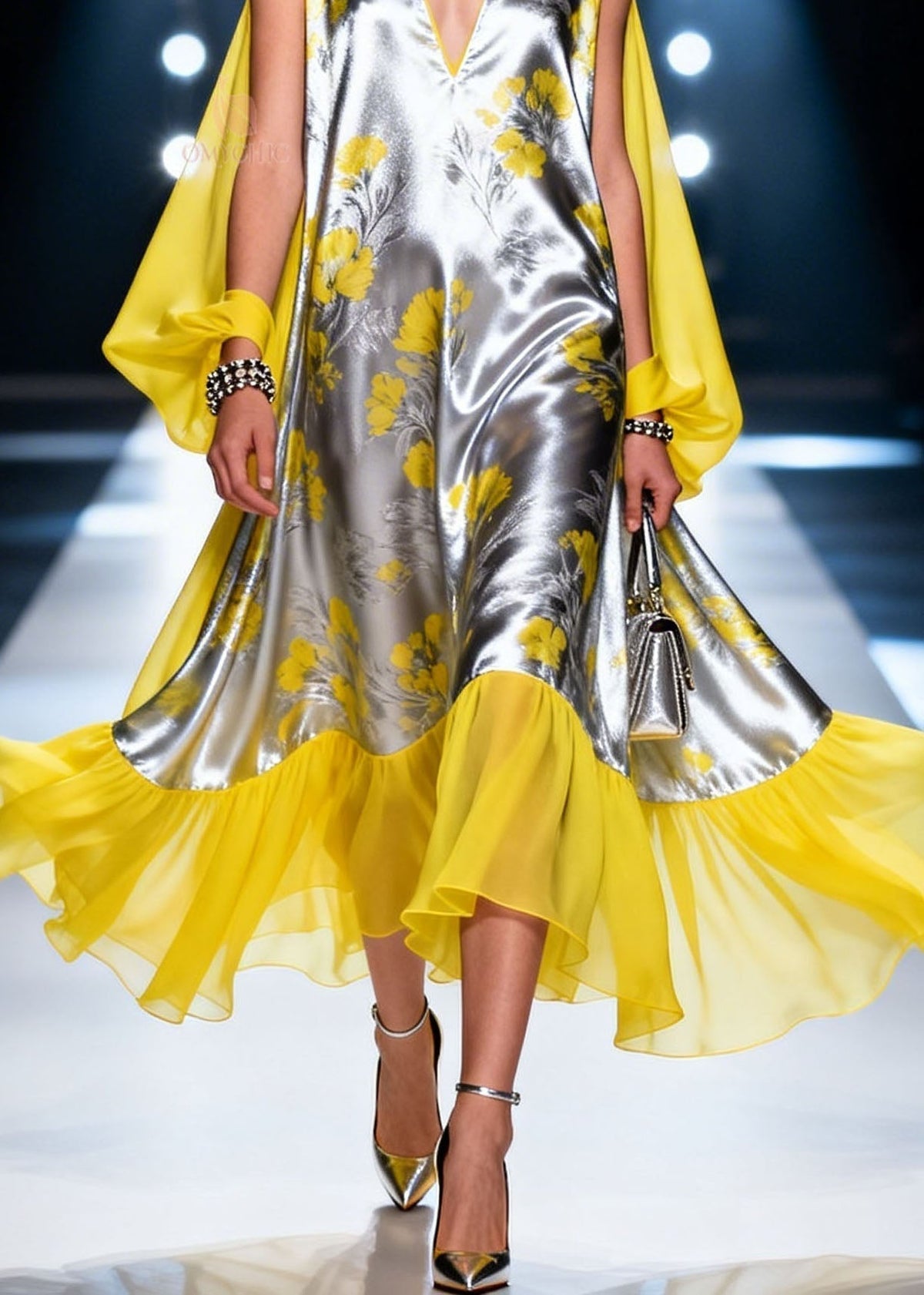 Metallic Floral Print V-Neck Cape Sleeve Sheer Ruffle Hem Midi Dress - View 4