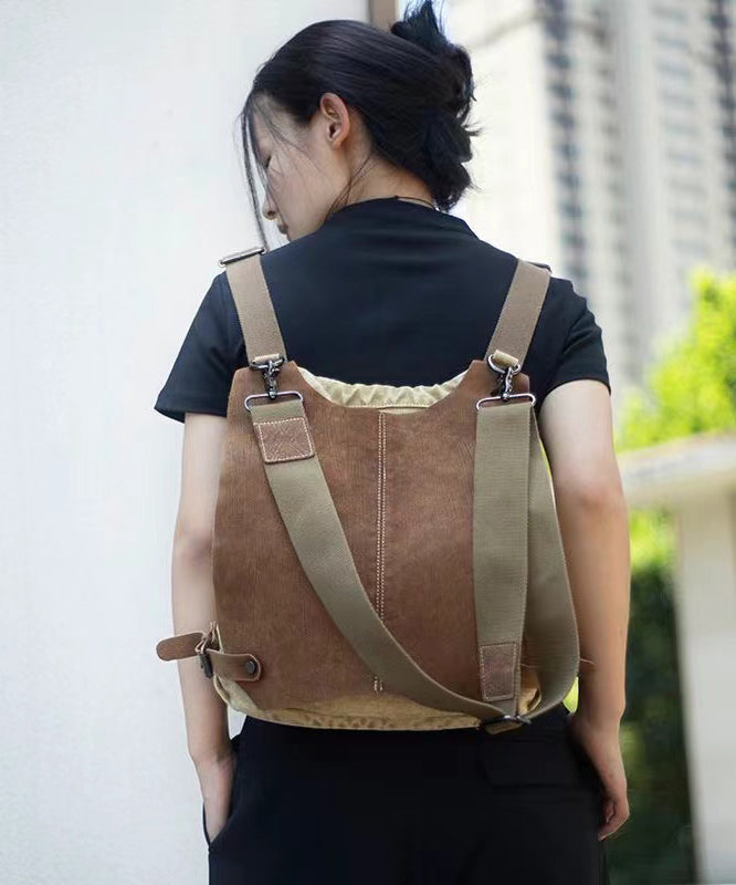 Khaki Calf Leather Patchwork Canvas Backpack Satchel Bag