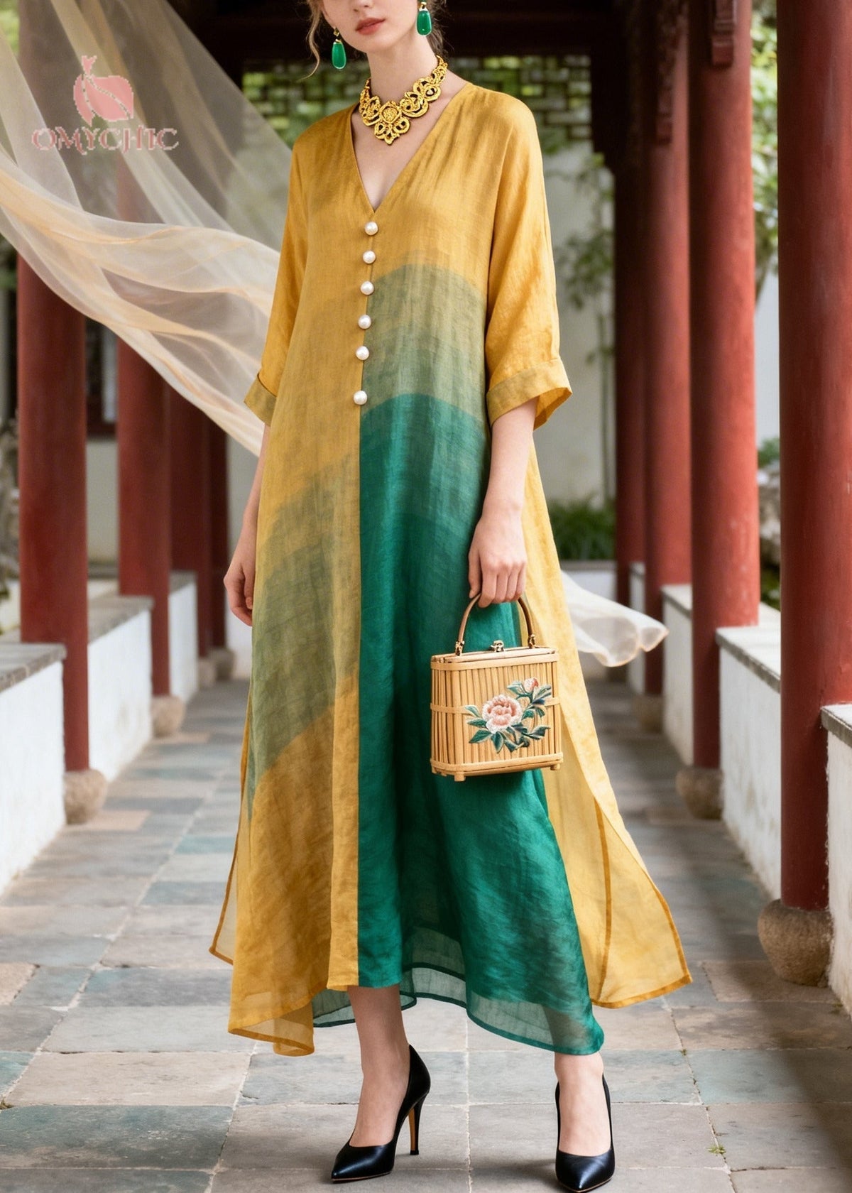 V-Neck Pearl Button Color Block Wide Sleeve A-Line Midi Dress