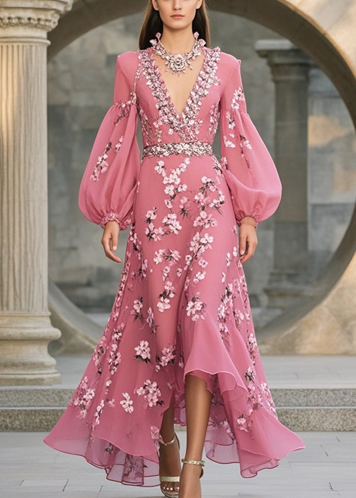 Floral Print Deep V-Neck Bishop Sleeve Rhinestone Trim Midi Dress