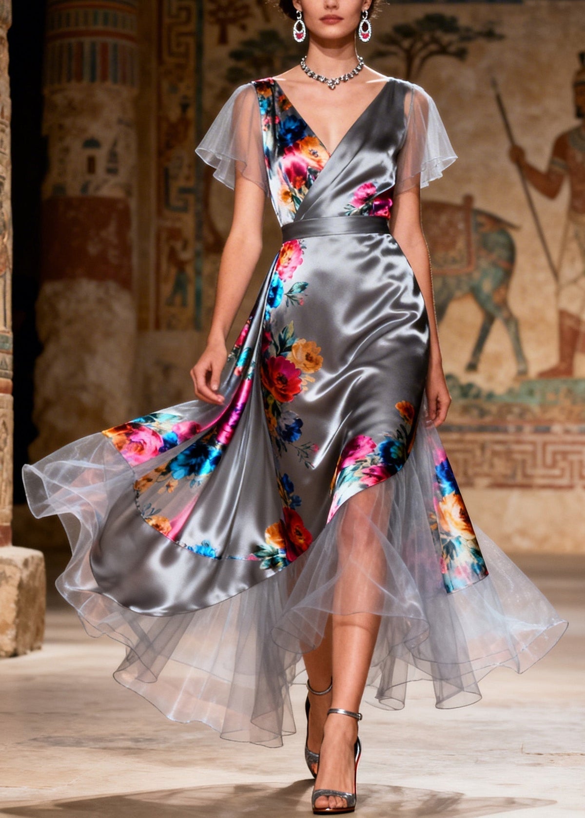 Floral Print V-Neck Flutter Sleeve Wrap Satin Tiered Midi Dress