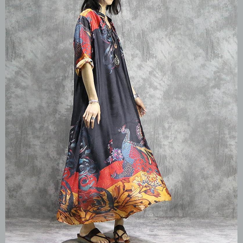 Peacock Graphic Print V-Neck Elbow Sleeve Loose Shift Maxi Dress - View 3