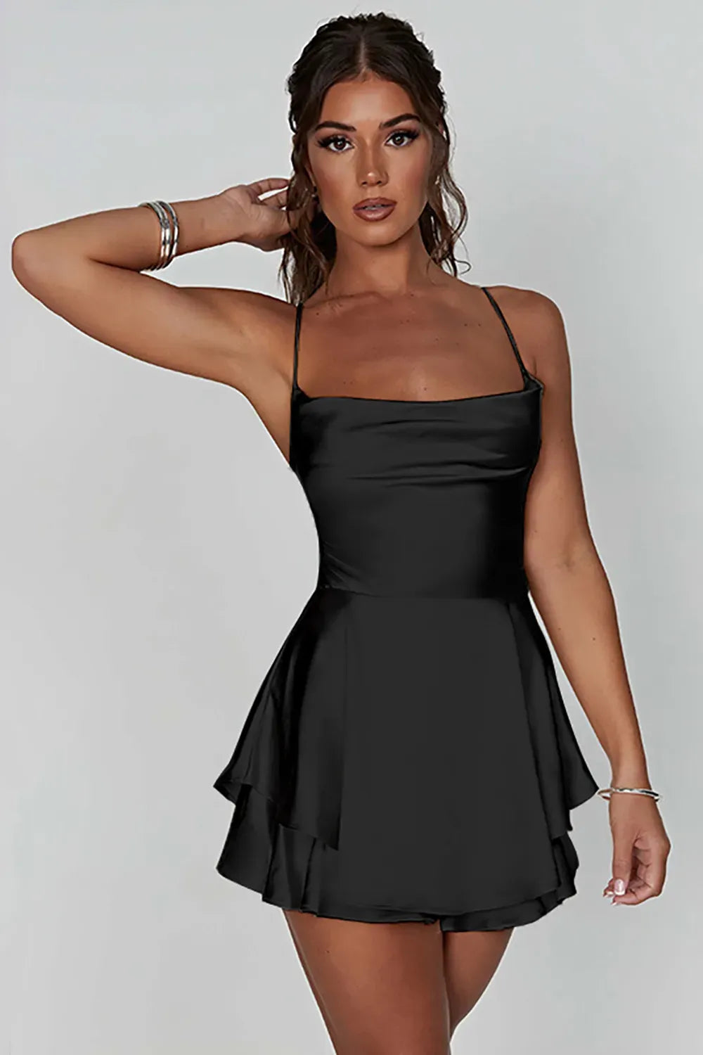 Stylish A-Line Spaghetti Straps Lace Up Short Tiered Satin White Graduation Dress