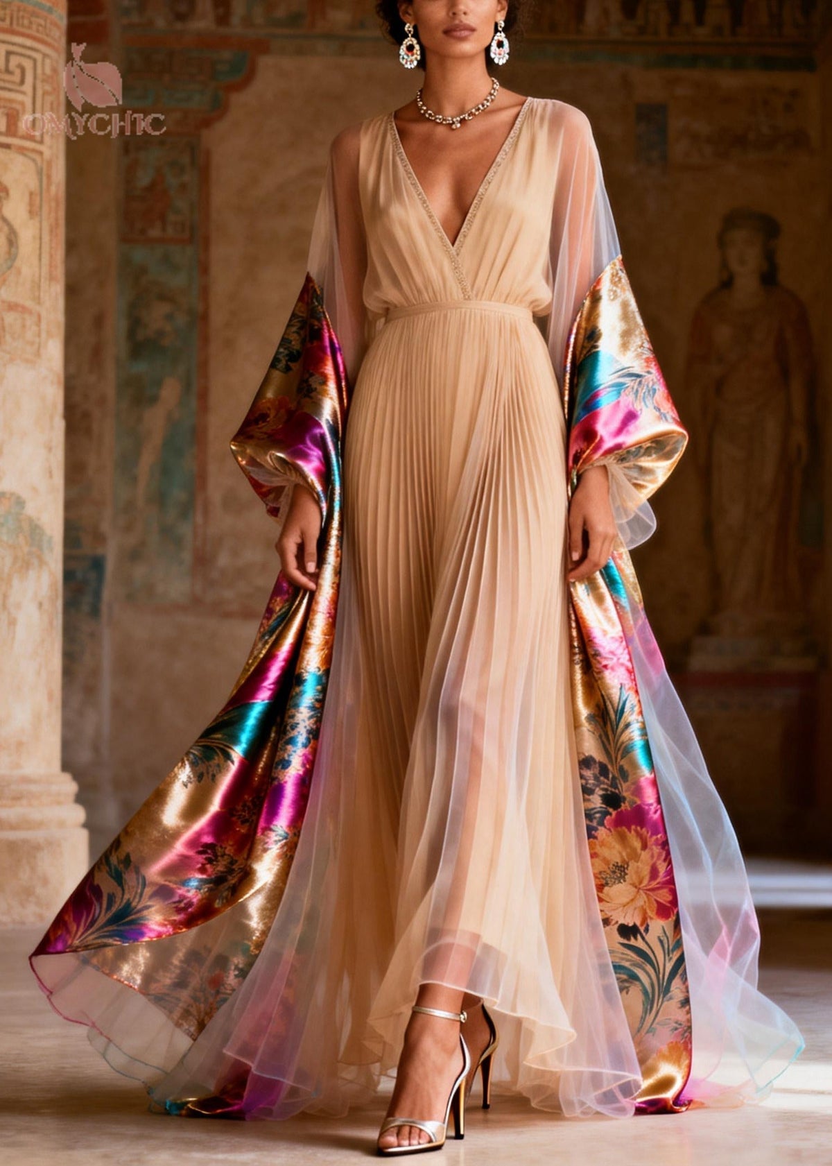 Pleated Chiffon Deep V-Neck Metallic Floral Balloon Maxi Gown