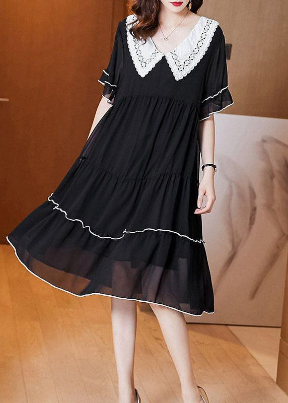 Lace Collar Short Sleeve Tiered Contrast Trim Knee Length Dress