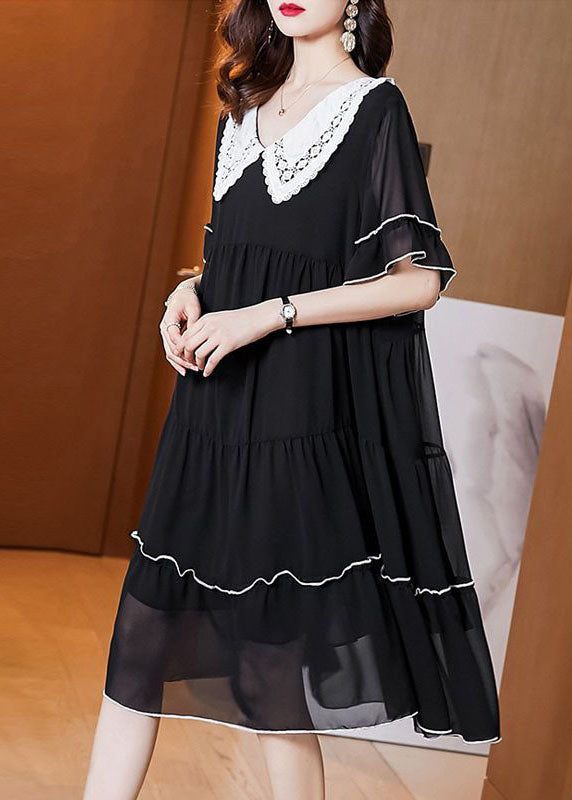 Lace Collar Short Sleeve Tiered Contrast Trim Knee Length Dress - View 3