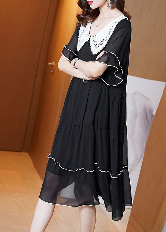 Lace Collar Short Sleeve Tiered Contrast Trim Knee Length Dress - View 4