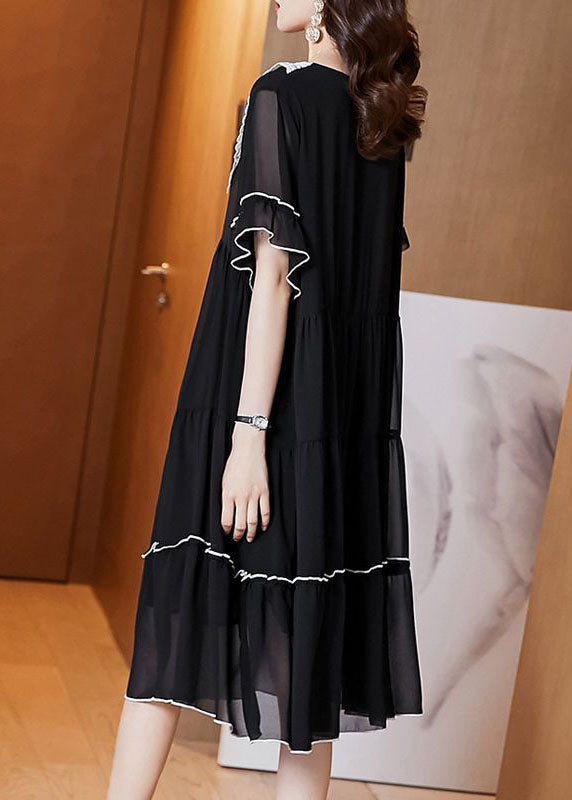 Lace Collar Short Sleeve Tiered Contrast Trim Knee Length Dress - View 5