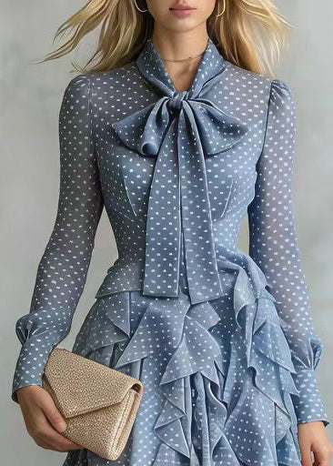 Polka Dot Bow Neck Tie Waist Tiered Ruffle Long Sleeve Midi Dress - View 2