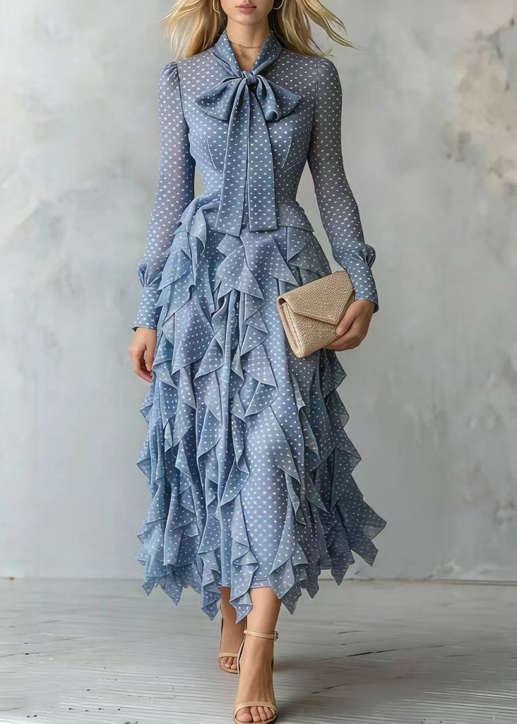 Polka Dot Bow Neck Tie Waist Tiered Ruffle Long Sleeve Midi Dress - View 3