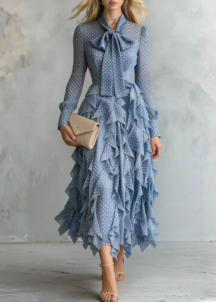 Polka Dot Bow Neck Tie Waist Tiered Ruffle Long Sleeve Midi Dress - View 5
