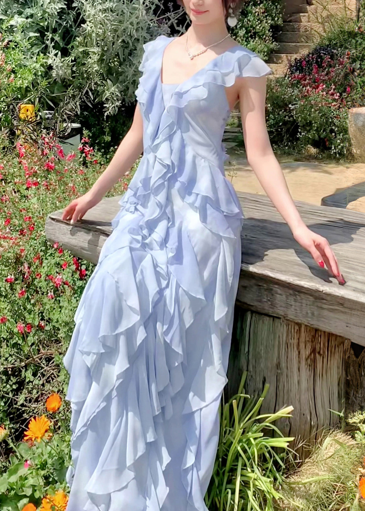 Stylish Blue Ruffled Tie Dye Chiffon Dress Summer - View 3