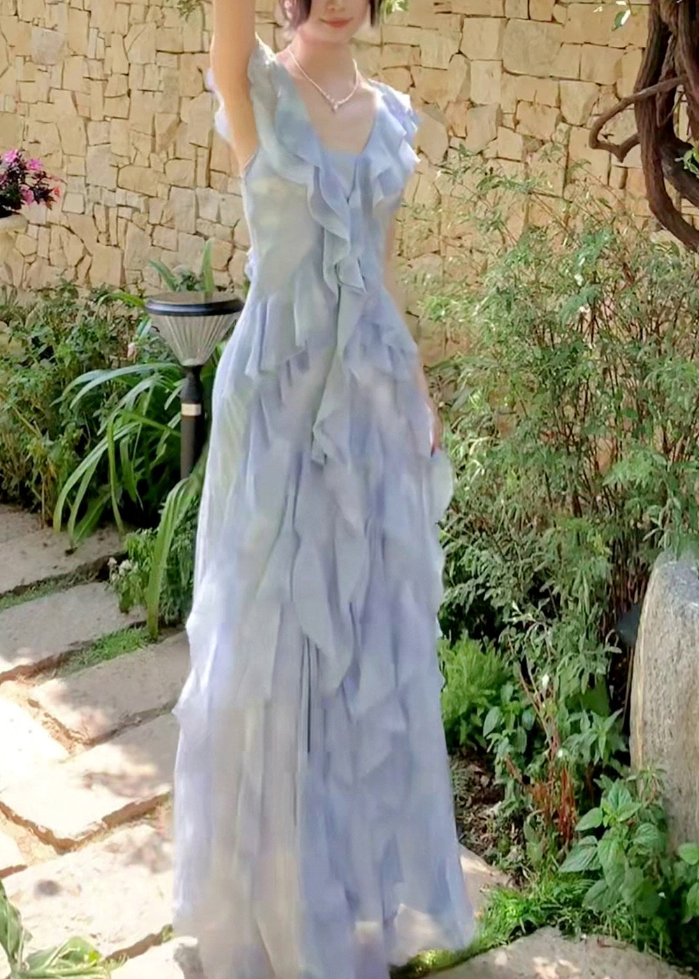 Stylish Blue Ruffled Tie Dye Chiffon Dress Summer - View 4