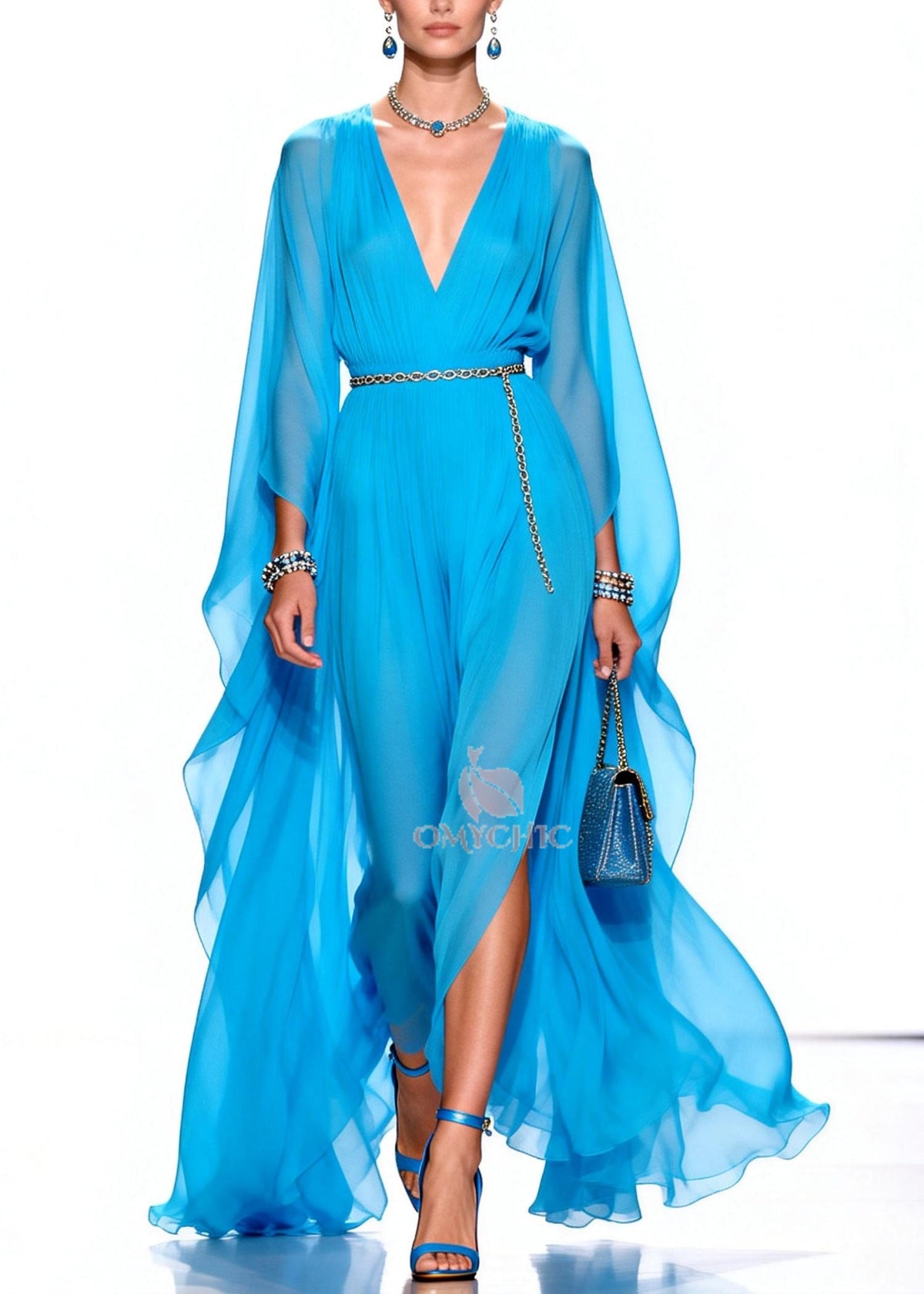 Stylish Blue V Neck Draping Chiffon Maxi Dresses Summer - View 5