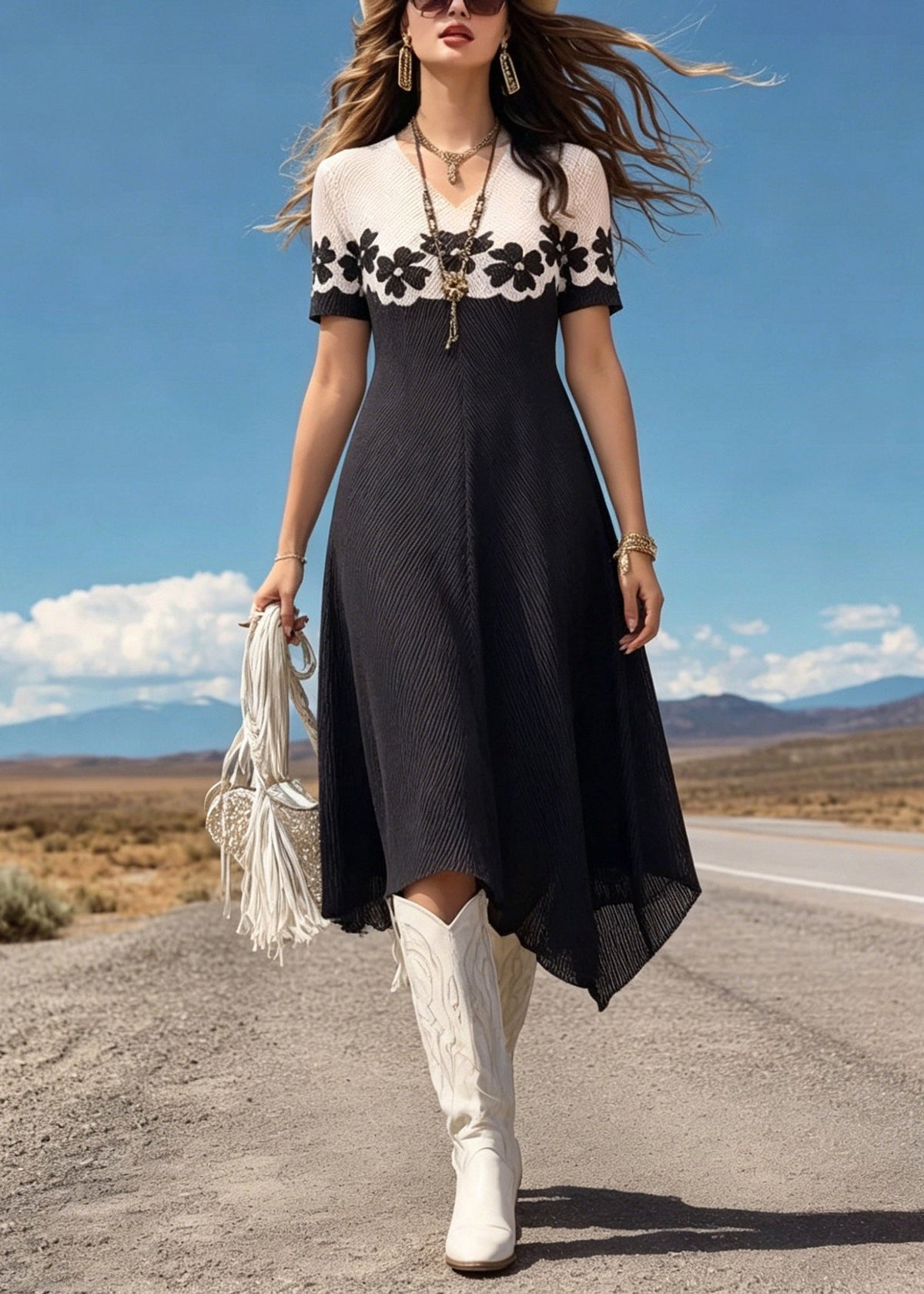 Colorblock Rib Knit Floral Border V-Neck Short Sleeve Midi Dress - View 3