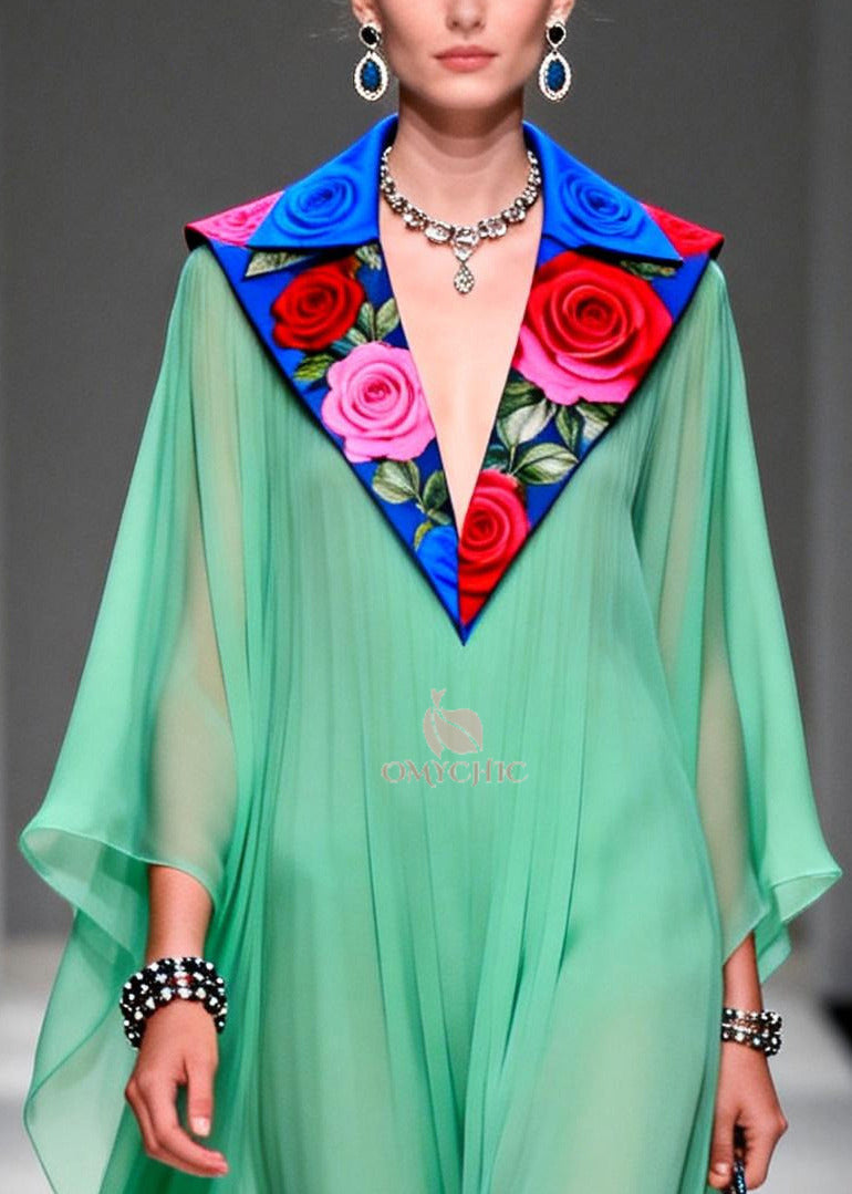 Pleated Sheer Chiffon Floral Embroidered Collar Maxi Gown - View 2