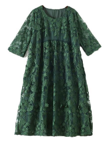 Lace Floral Embroidered Overlay Three Quarter Sleeve Midi Dress - View 4