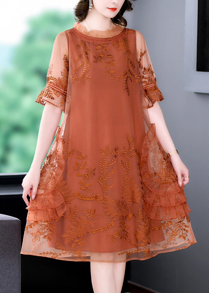 Mesh Embroidered Ruffle Neck Short Sleeve Tiered Side Knee Dress