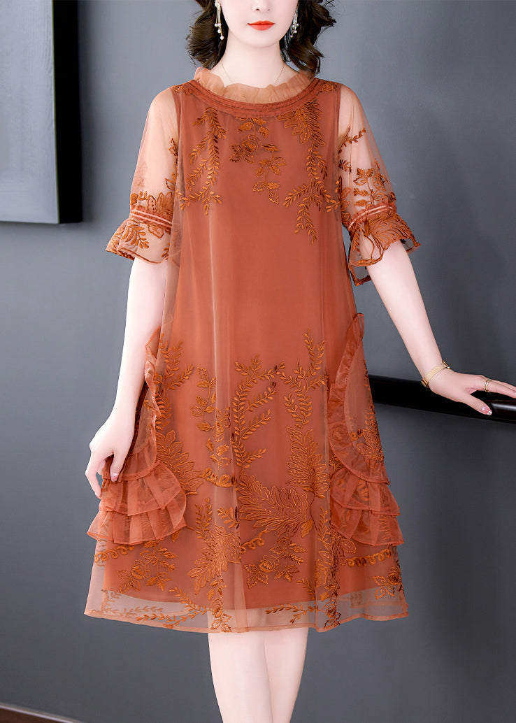 Mesh Embroidered Ruffle Neck Short Sleeve Tiered Side Knee Dress - View 2