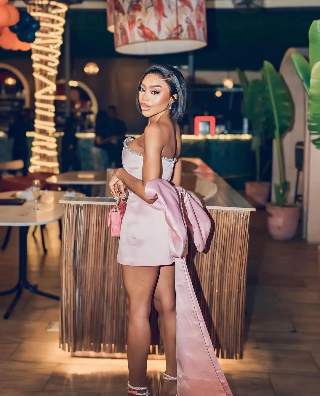 Green Pink Red Satjson Mini Party Dress with Detachable Bow - Fashionpara