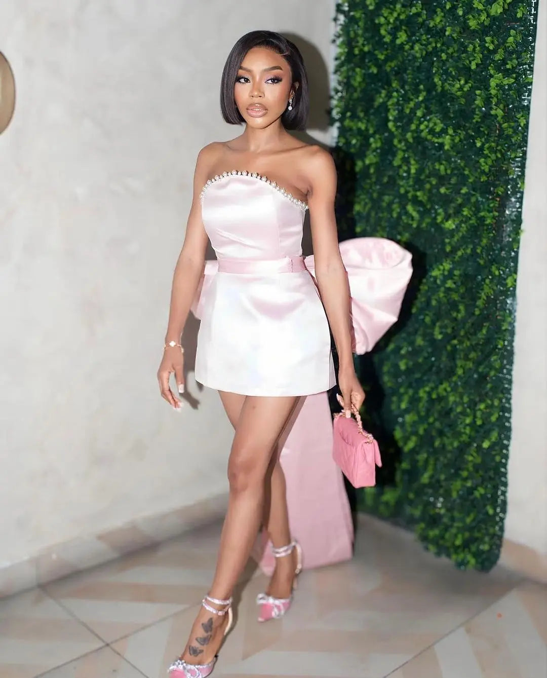 Green Pink Red Satjson Mini Party Dress with Detachable Bow - Fashionpara