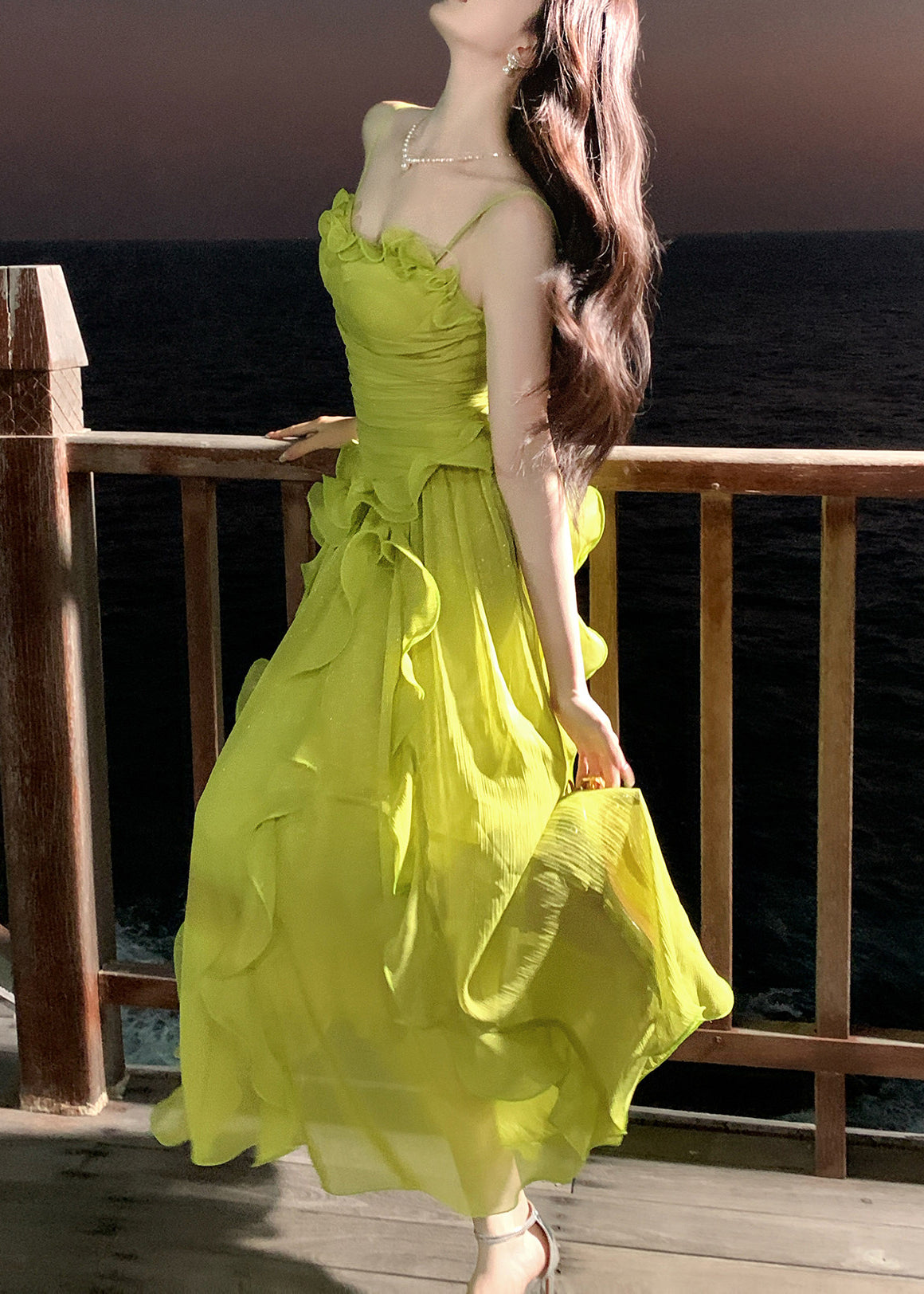 Stylish Green Ruffled Chiffon Spaghetti Strap Dress Summer - View 2