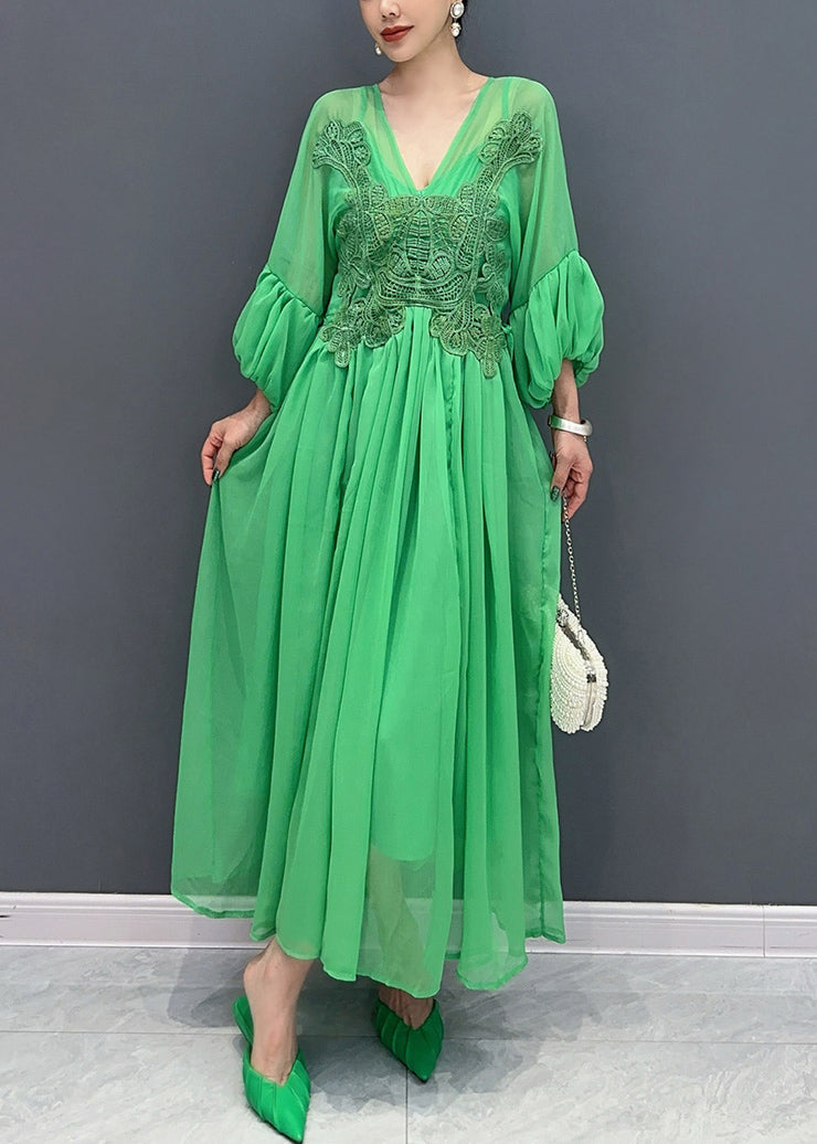 Chiffon Deep V-Neck Balloon Sleeve Lace Appliqué Maxi Dress