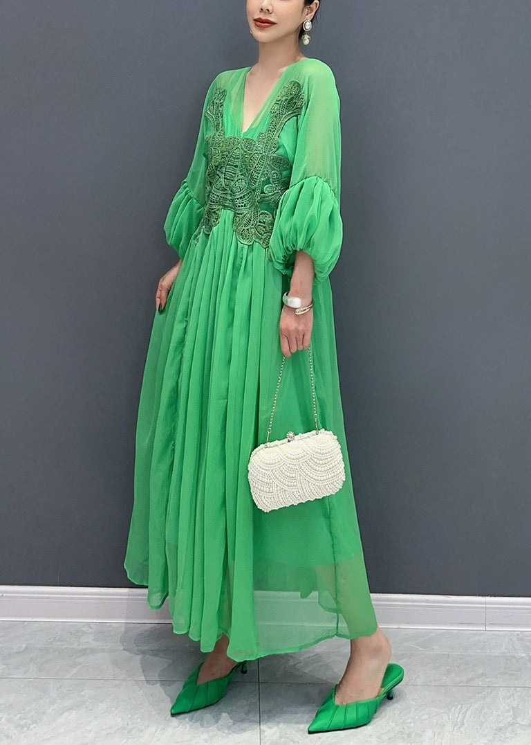 Chiffon Deep V-Neck Balloon Sleeve Lace Appliqué Maxi Dress - View 4
