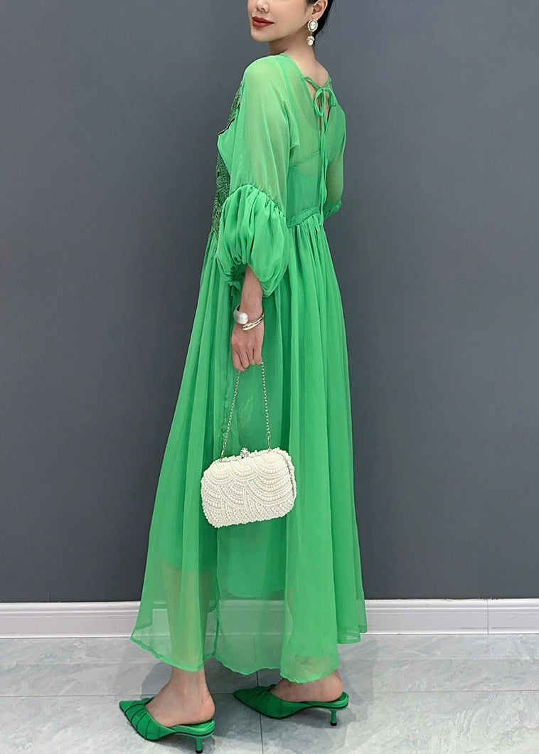Chiffon Deep V-Neck Balloon Sleeve Lace Appliqué Maxi Dress - View 5