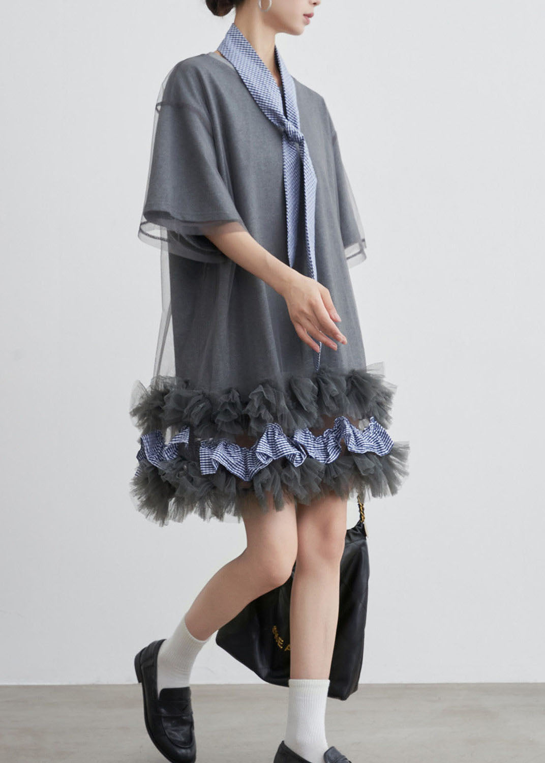 Mesh Overlay Gingham Tie Neck Ruffle Hem T-Shirt Dress - View 4