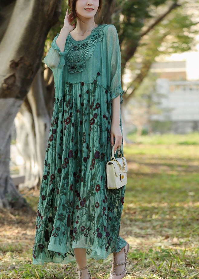 Floral Embroidery Lace Collar Empire Waist Sheer Maxi Dress