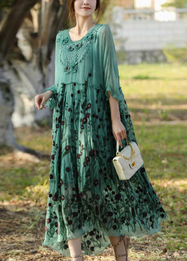 Floral Embroidery Lace Collar Empire Waist Sheer Maxi Dress - View 2
