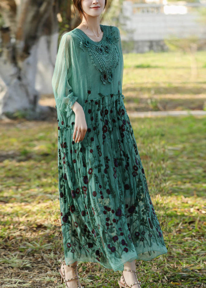 Floral Embroidery Lace Collar Empire Waist Sheer Maxi Dress - View 3