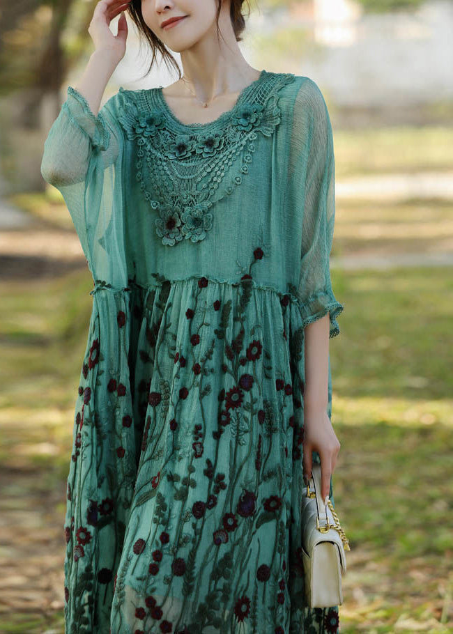 Floral Embroidery Lace Collar Empire Waist Sheer Maxi Dress - View 5