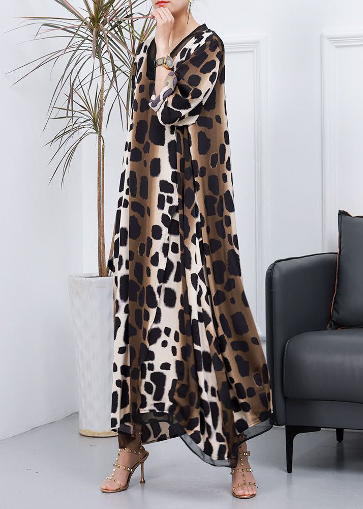 Animal Print Deep V-Neck Mesh Trim Long Sleeve Kaftan Maxi Dress - View 4