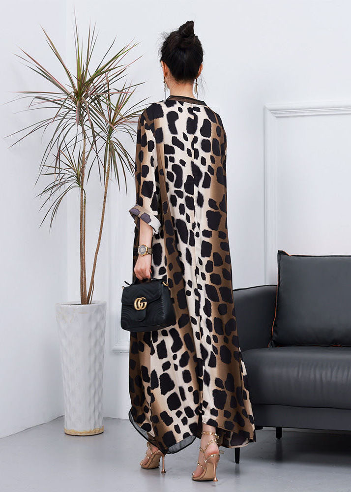 Animal Print Deep V-Neck Mesh Trim Long Sleeve Kaftan Maxi Dress - View 5