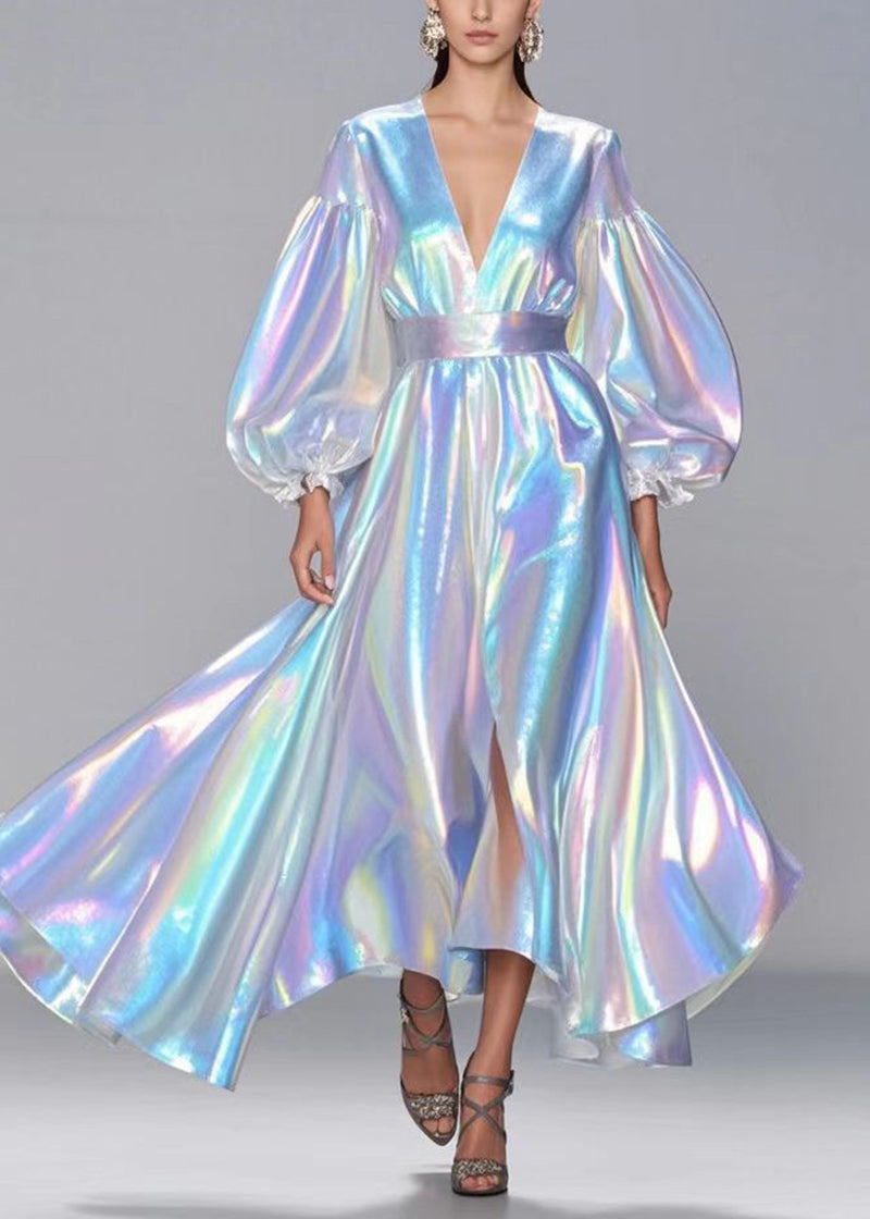 Sequin Deep V-Neck Puff Sleeve High Split Iridescent Maxi Gown - View 2