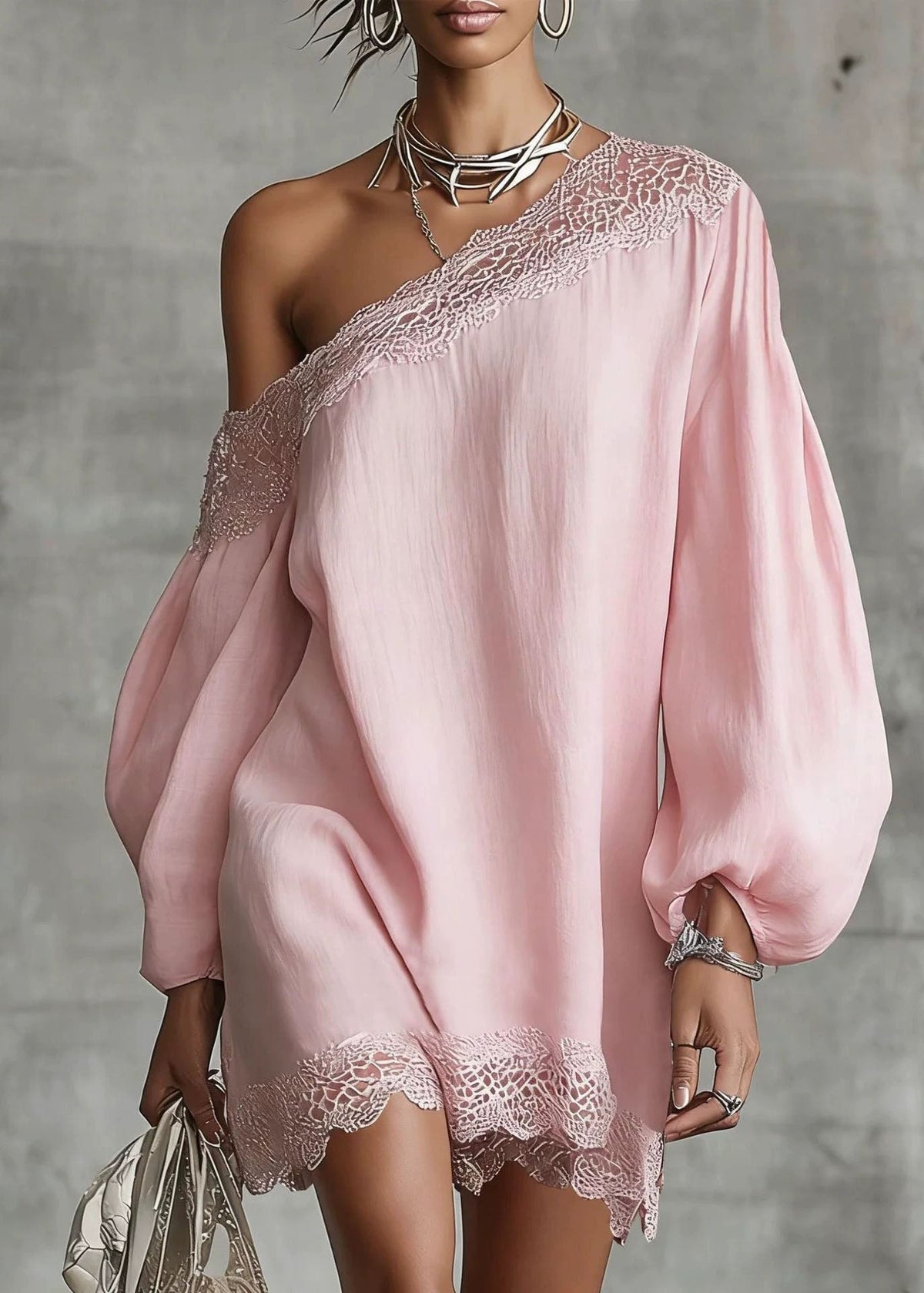 One Shoulder Long Balloon Sleeve Lace Trim Shift Mini Dress