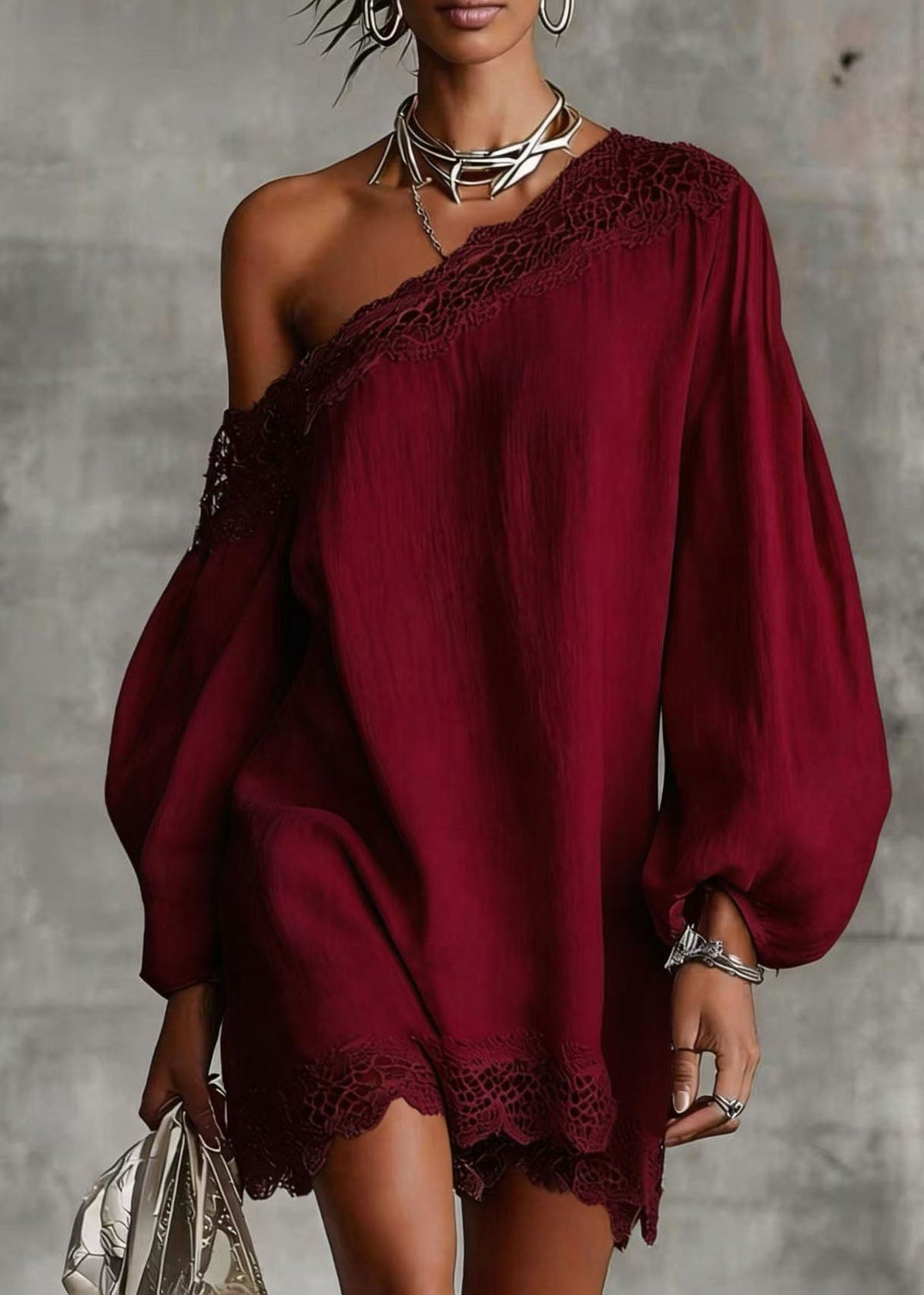 One Shoulder Long Balloon Sleeve Lace Trim Shift Mini Dress - View 2