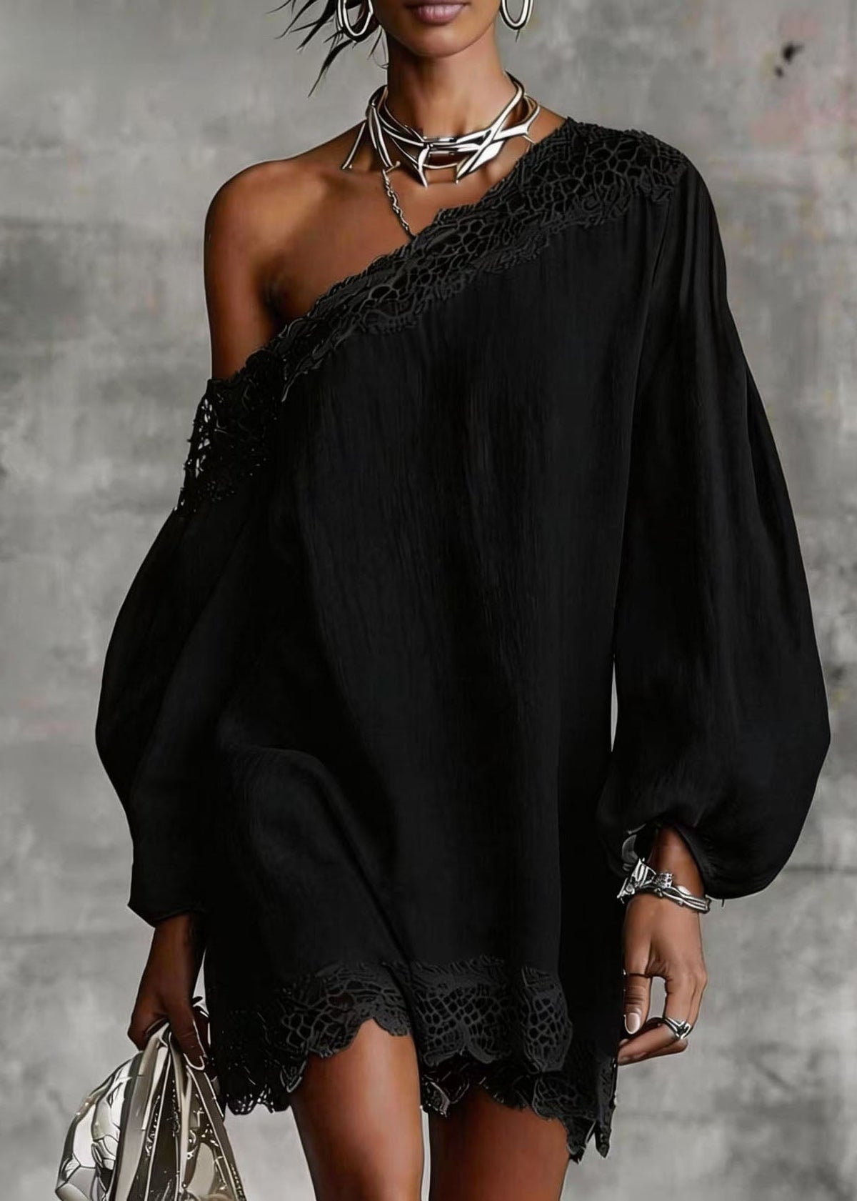 One Shoulder Long Balloon Sleeve Lace Trim Shift Mini Dress - View 3
